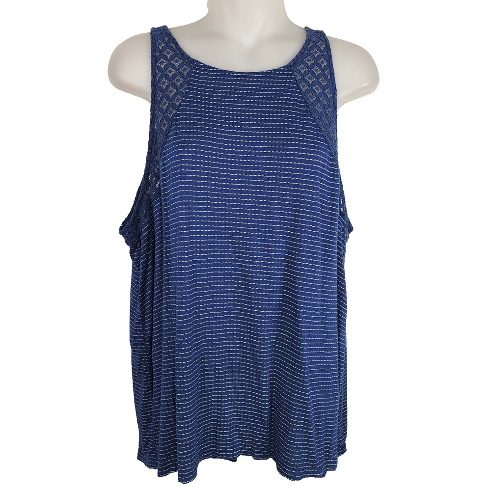 Maurices Women's Tank Top XL Blue White Striped Sleeveless Lace Crochet Keyhole